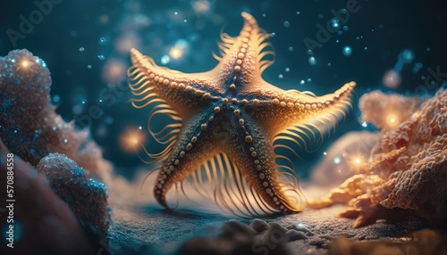 Starfish underwater on a ocean floor, cushion starfish underwater on a sandy ocean floor. Tropical sea underwater starfish on coral reef, Landscape © IlluGrapix