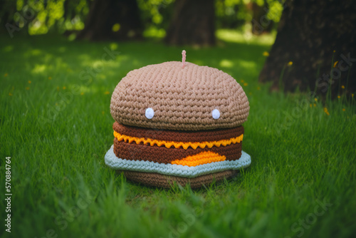 burger shape knitting art illustration for photos in cafes, restaurants, dining rooms, colorful, realistic