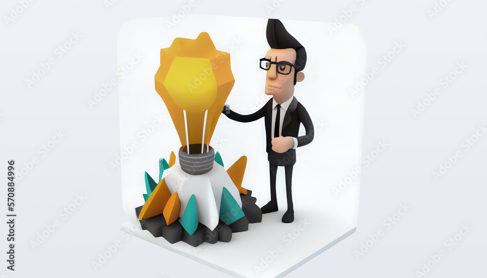 Bringing Ideas to Life: A 3D UI Concept of a Man and His Next Big Idea Cartoon creative design icon isolated on white background. 3D Rendering Generative AI