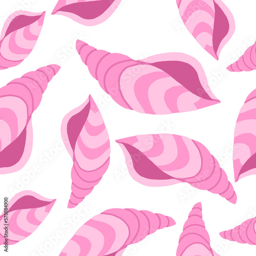 Pink ocean sea shell. Seamless pattern. Vector illustration in cartoon flat style isolated on white background.