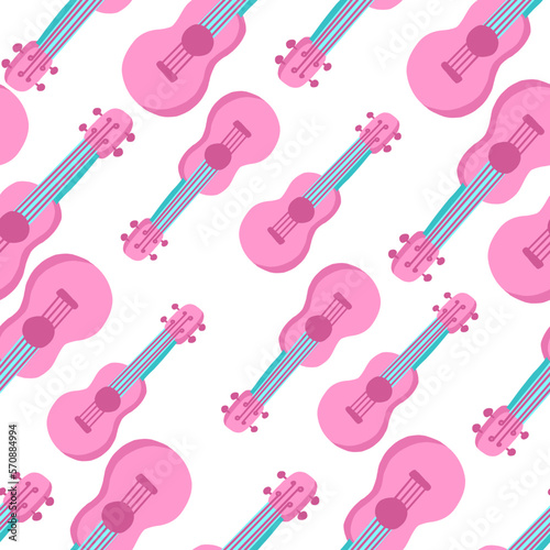 Pink guitar seamless pattern. Hawaiian Ukulele. Vector illustration in cartoon flat style.
