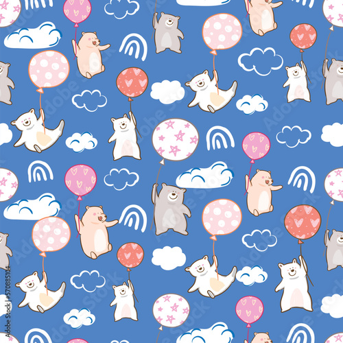 Seamless Pattern with Cartoon Bear, Balloon and Cloud Design on Blue Background