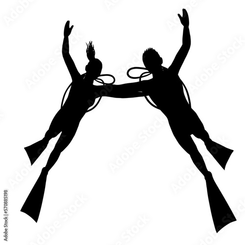 silhouette of scuba divers holding shoulder each others