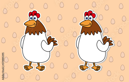 Set of two stickers of farm hens white and brown color on eggs background