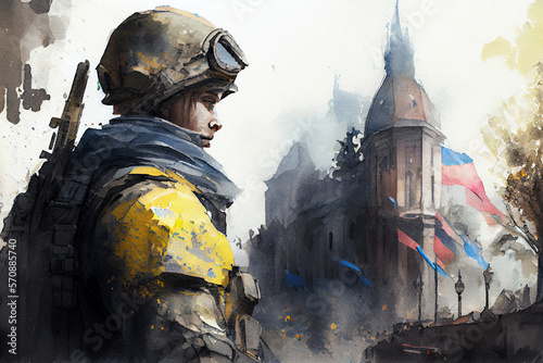 Close-up of a Ukrainian soldier on the battlefield, Watercolor, Soldier thinks about defending the Motherland of Ukraine. Generative AI illustration