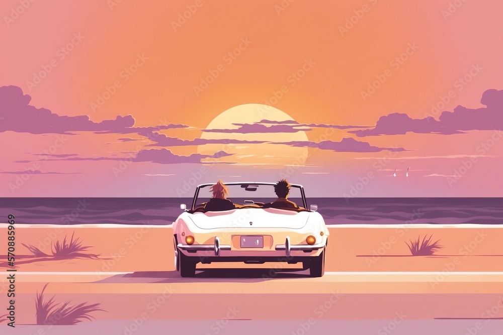 a Valentine's couple in love on vacation, driving into the sunset on the coastline in a convertible, pastel colors