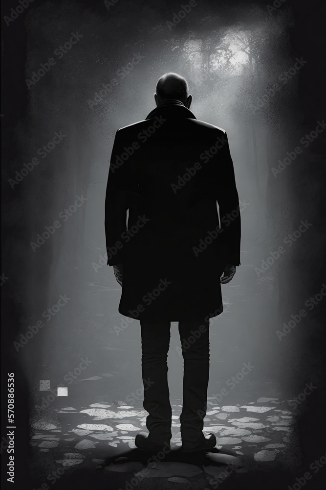 Generative AI Illustration.A gloomy dark concept of a dark figure of a man shrouded in fog and standing with his back to the camera. Generative AI Illustration.A gloomy dark concept of a dark figure of a man shrouded in fog and standing with his back to the camera.