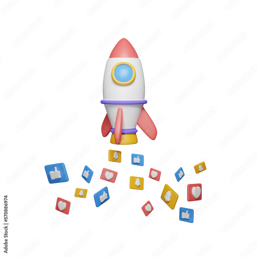 rocket with social media icon 3d illustration rocket with social media icon 3d illustration