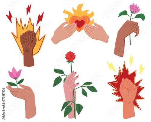 Female hands with flowers, strong gesture, burning heart. Feminism, love yourself concept. Cartoon vector illustration set. Flat simple cliparts isolated on white.