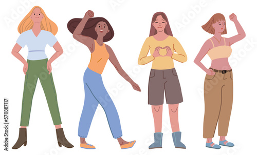 Strong women cartoon vector illustration set. Feminism, love yourself concept. Flat simple cliparts isolated on white.