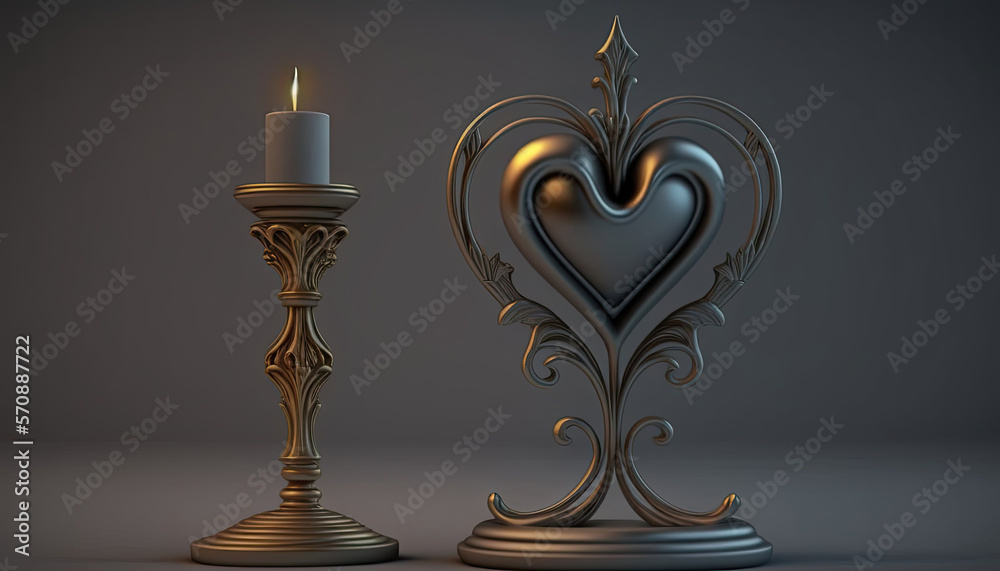 burning candle in silver candlestick next to silver paperweight in heart shape