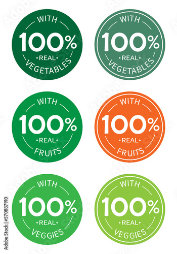 100% real vegetables logo stamp. Set of  real vegetables label. It can be used for smoothie, juice packaging design. 100% organic stamp.