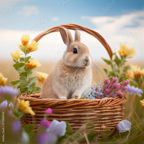 Rabbit sitting in the basket on spring meadow. Generative AI