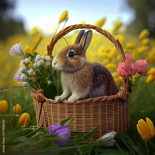 Rabbit sitting in the basket on spring meadow. Generative AI