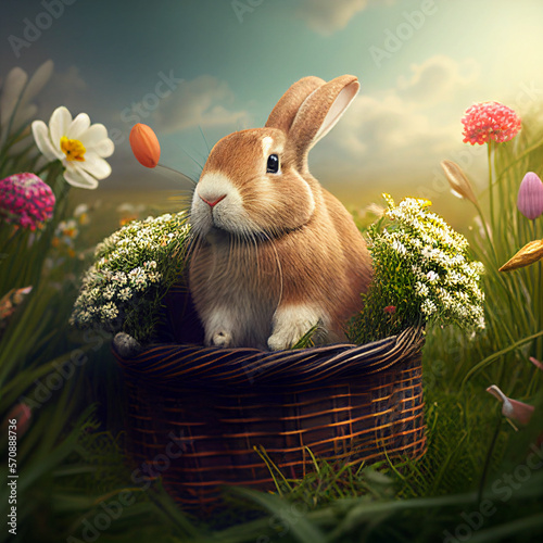 Rabbit sitting in the basket on spring meadow. Generative AI