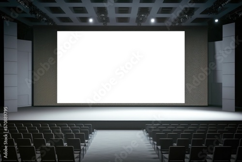 Empty stage for event or business conference with big blank screen mockup. Screen aspect ratio is 16:9.  Modern convention hall for presentation or concert template. Chair seats. photo