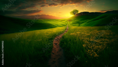 Beautiful sunset with dramatic sky at golden hour over green fields and farms field, generative ai