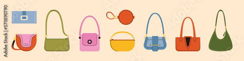 Woman bags. Female handbag, cross body shoulder bag purse clutch cartoon style, fashion accessories. Vector flat set