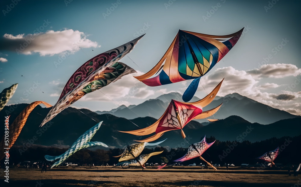 Kite festival on the field with mountain scenery in the spring