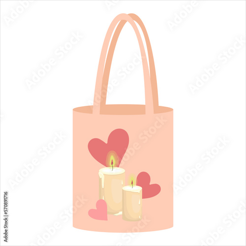 ecobag for Valentine's day celebration with print of candles and hearts. Eco-friendly Valentine's Day style shopping bag, gift and grocery bags. Made of burlap, fabric bag with handles. Shopping