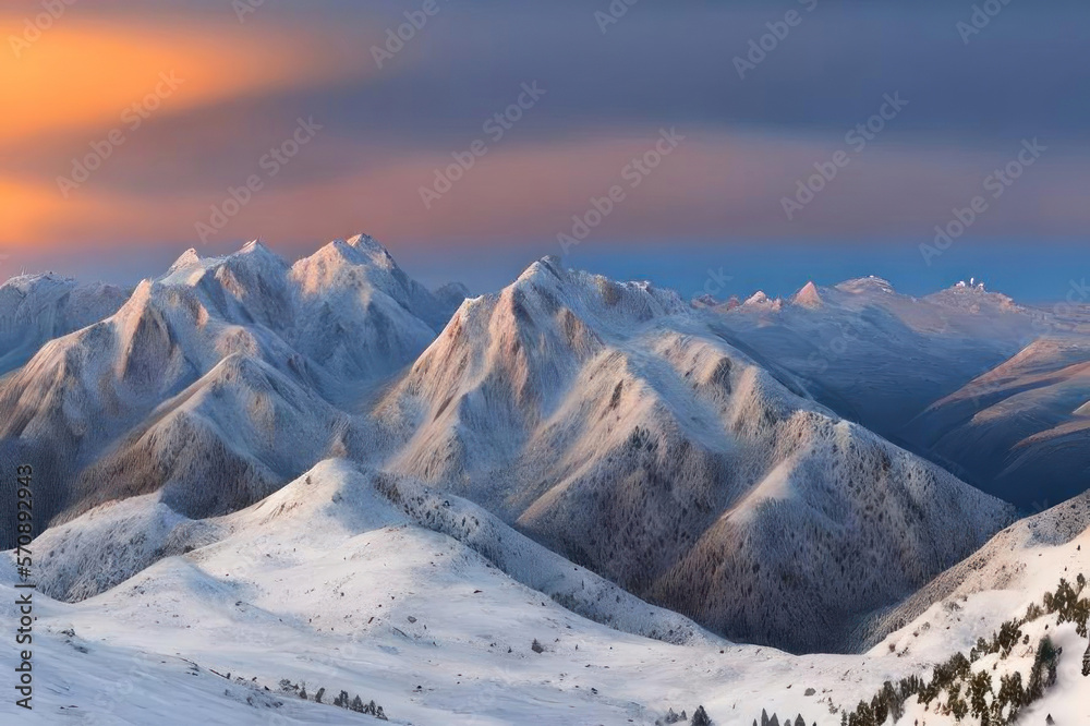 Winter mountains in the snow at sunset. AI generative.