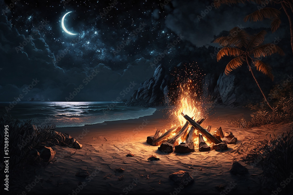 Naklejka premium Bonfire at tropical beach at night. generative AI