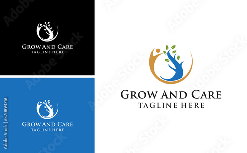 grow plant logo natural concept vector with human care vector template