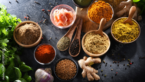 Composition with assortment of spices and herbs © monticellllo
