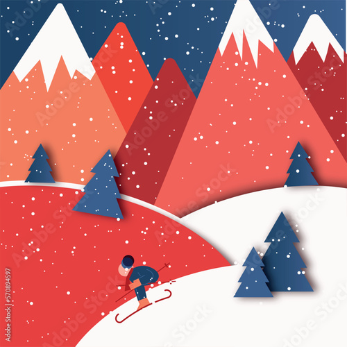 Winter Ilustration. Paper Vector. Beautiful background landscape. Skiing at the mountains. Snow day. Merry Christmas. Holiday times. photo