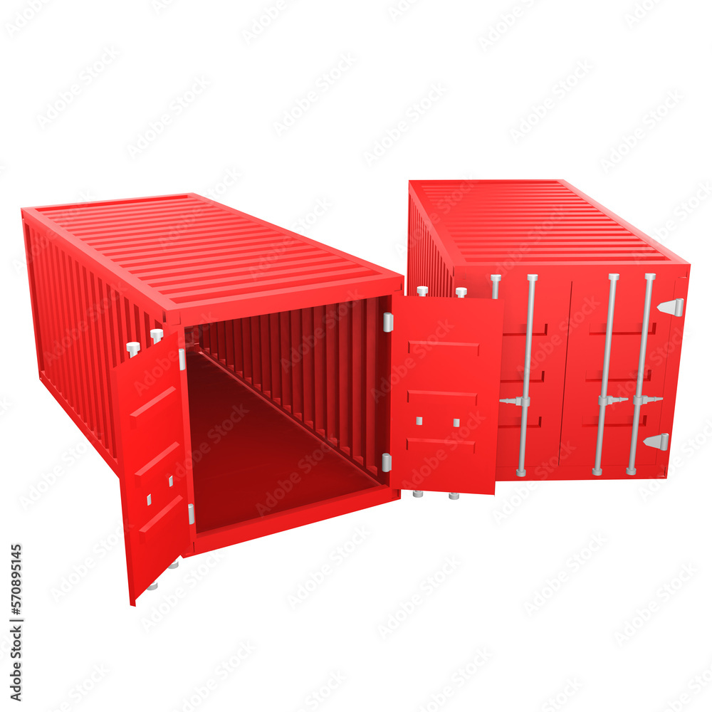 3D design of cargo containers for storage transportation illustration. 3D design of two red colored cargo with open and closed doors 3D design of cargo containers for storage transportation illustration. 3D design of two red colored cargo with open and closed doors