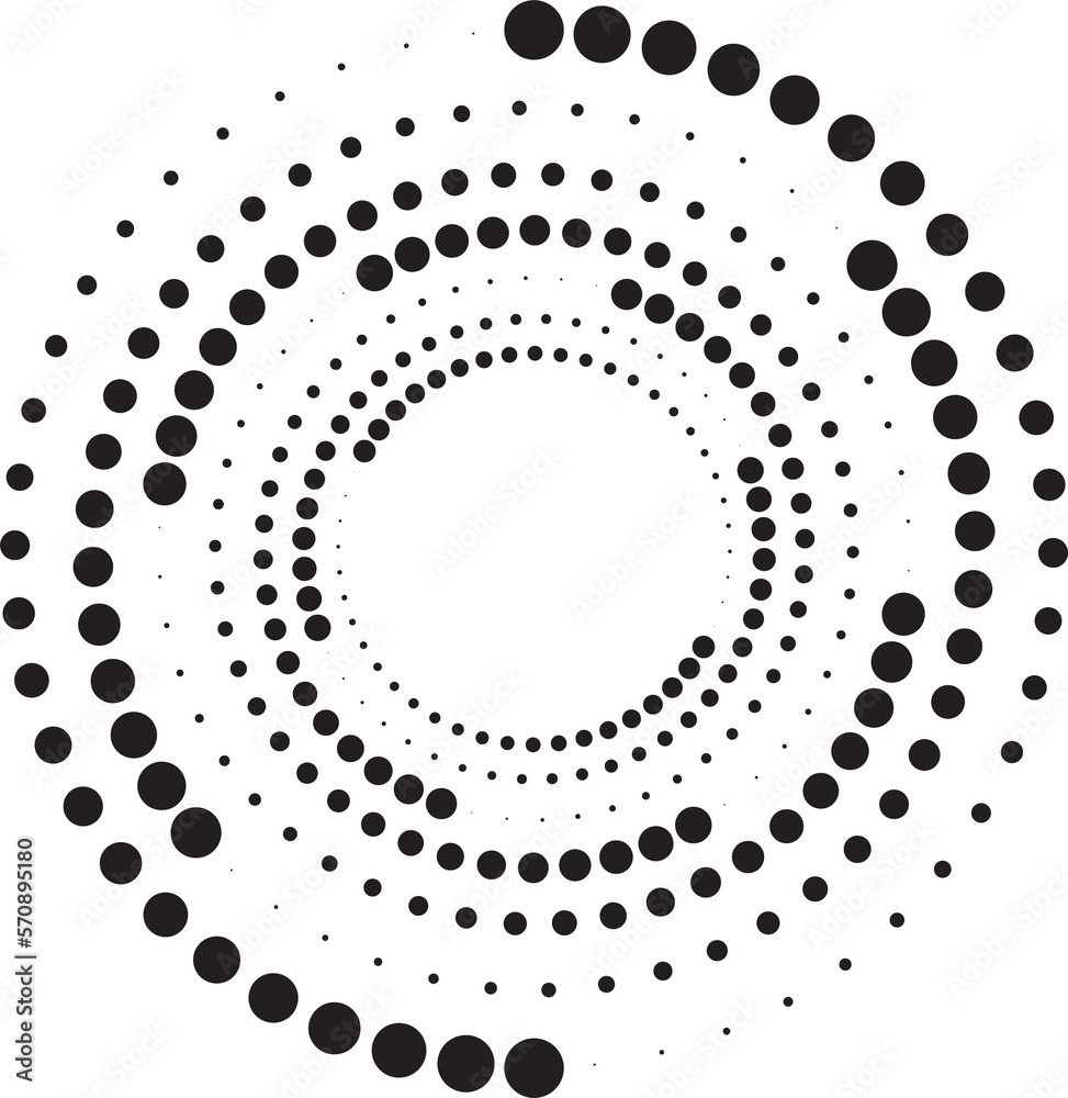 Dotted circles pattern. Abstract half tone graphic. Circular textured round spiral frame. Swirl geometric rings with gradation.