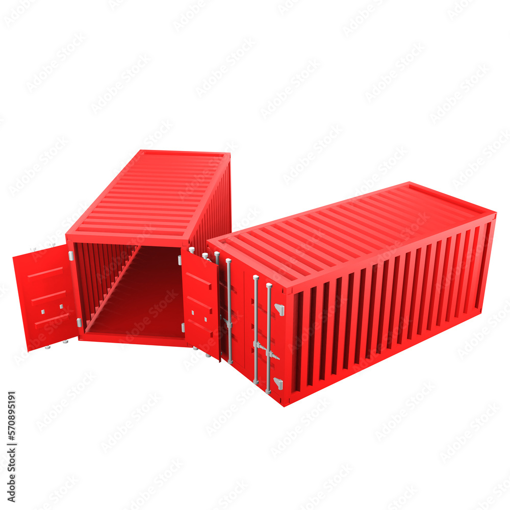 3D design of cargo containers for storage transportation illustration. 3D design of two red colored cargo with open and closed doors, side view illustration 3D design of cargo containers for storage transportation illustration. 3D design of two red colored cargo with open and closed doors, side view illustration