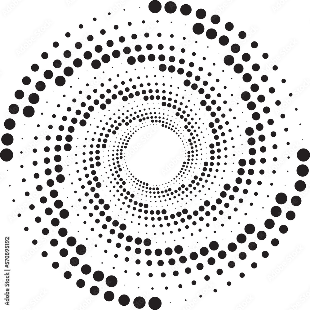 Dotted circles pattern. Abstract half tone graphic. Circular textured round spiral frame. Swirl geometric rings with gradation.