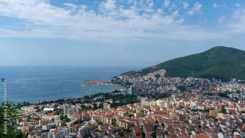 Aerial view of Budva city. Boats in Adriatic sea, Montenegro, timelapse 4k Aerial view of Budva city. Boats in Adriatic sea, Montenegro, timelapse 4k