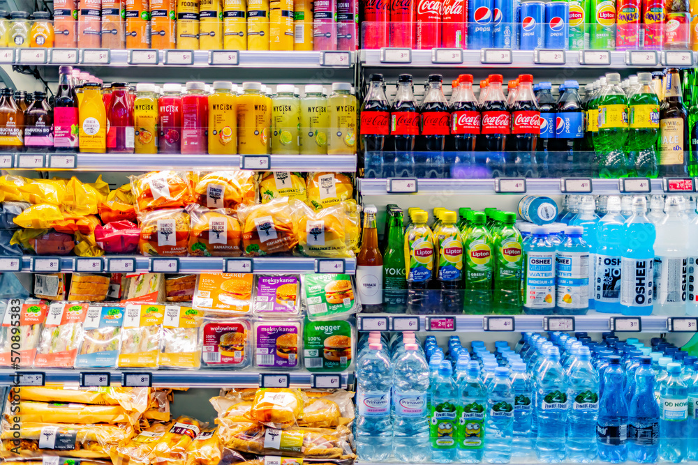 Prepackaged foods displayed in a commercial refrigerator Stock Photo