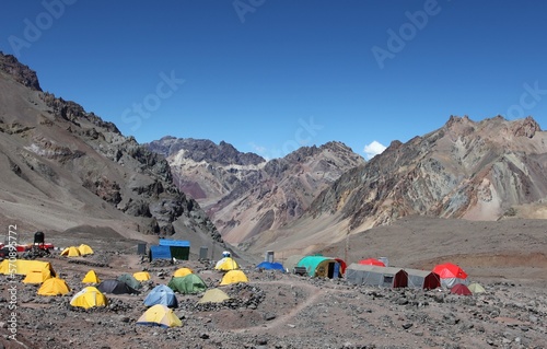 Base camp tents mountains slopes, climbing route to mount Aconcagua. Parque provincial Aconcagua, Mendoza Argentina photo