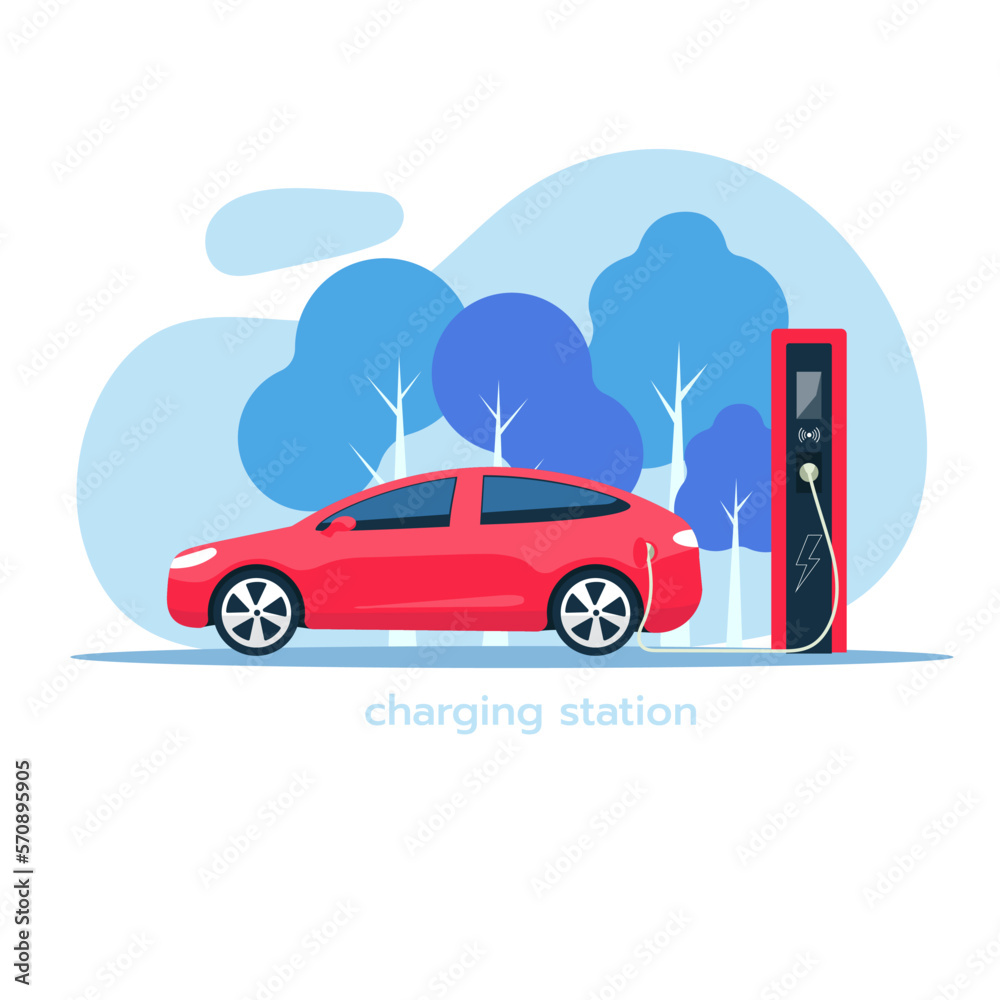 Electric car is charging. Electric car with charging station. The concept of charging an electric car. Electric car is charging. Electric car with charging station. The concept of charging an electric car.