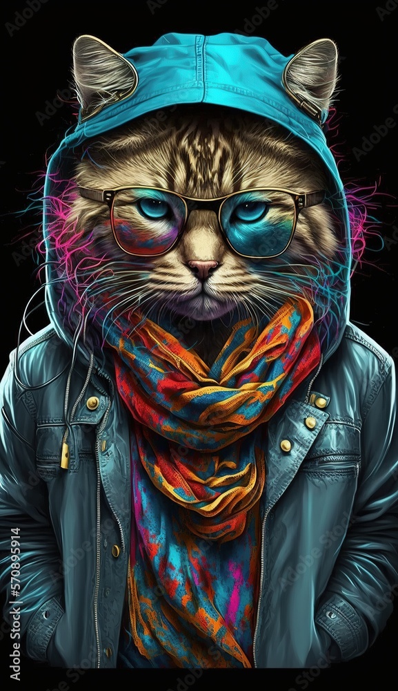 Fashon Cat with Rap Clothes, Generative AI - obrazy, fototapety, plakaty 