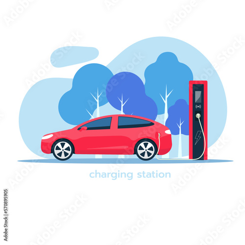 Electric car is charging. Electric car with charging station. The concept of charging an electric car.