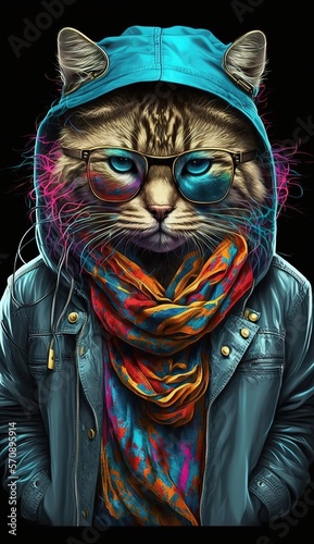 Fashon Cat with Rap Clothes, Generative AI photo