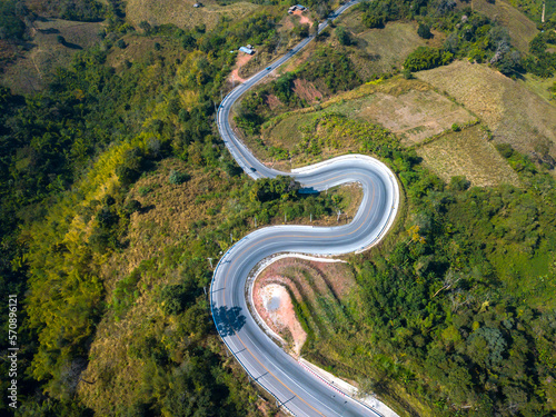 Top view Aerial photo from flying drone over Mountains and winding mountain paths exciting steep at Phu Kao Ngom,Na Haeo City,Loei Province,Thailand,ASIA.