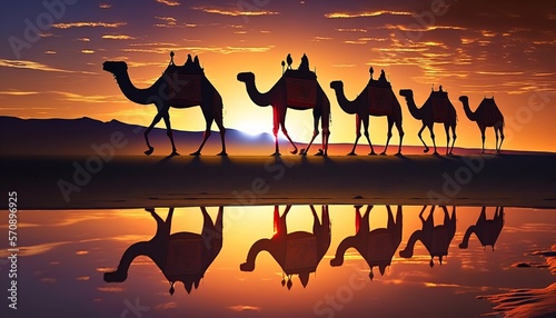 The desert is traversed by a caravan of camels at dusk. Generative Ai.