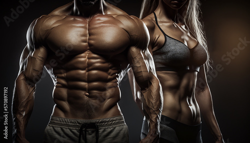 Fit and muscular man and woman next to each other on dark background, motivational concept. generative AI
