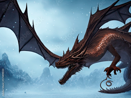 Ancient dragon in the snowy hills with snow falling