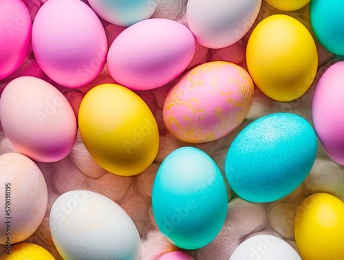 Easter eggs in various pastel colors  some with patterns and some in plain color