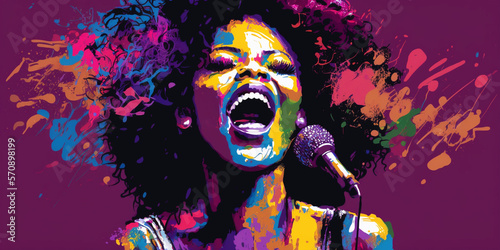 Colorful African American woman singing, Jazz music Banner Illustration, Fictional Character, Generative AI