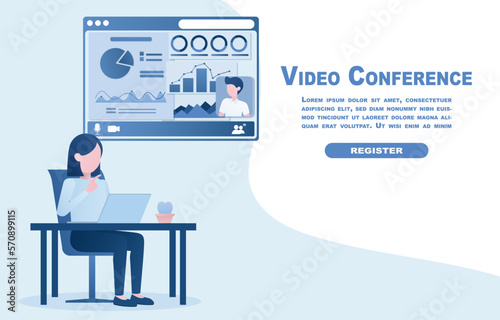 A woman talking to a man in a video conference. Discuss finances, graphs, investment graphs on the screen. Video conferencing. Remote communication and collaboration through technology. 