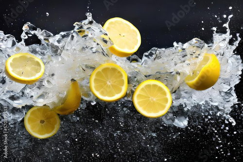 Lemon slices in water. AI generative.