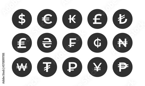Euro dollar pound hrivnia ruble frank yen tugrik symbols icon in black circle. Coin isolated on white background. Vector illustration. Euro Vector pictogram 