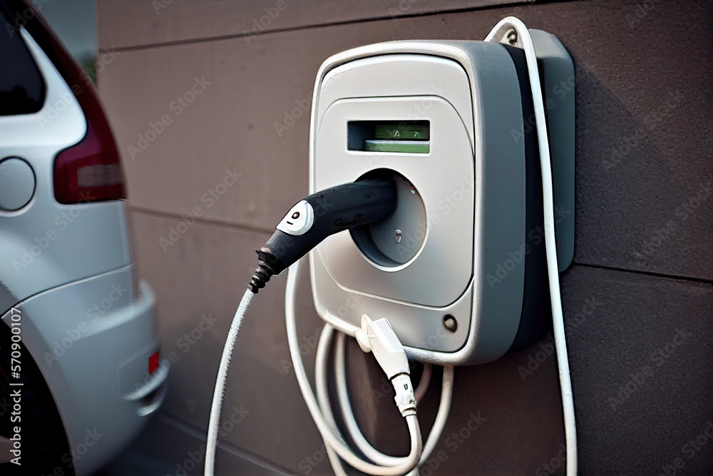 An electric car plugged into a charger. Ai generative An electric car plugged into a charger. Ai generative